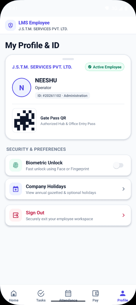 LMS Employee: Digital corporate ID card, gate pass QR & biometrics